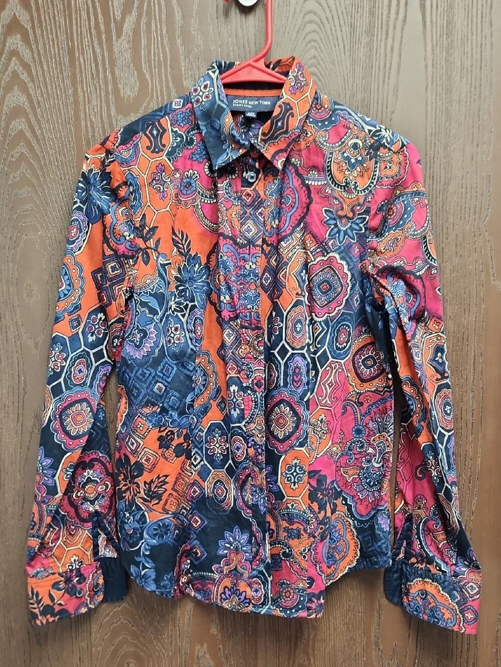 Jones New York Orange, Navy & Pink Paisley Button Front Shirt